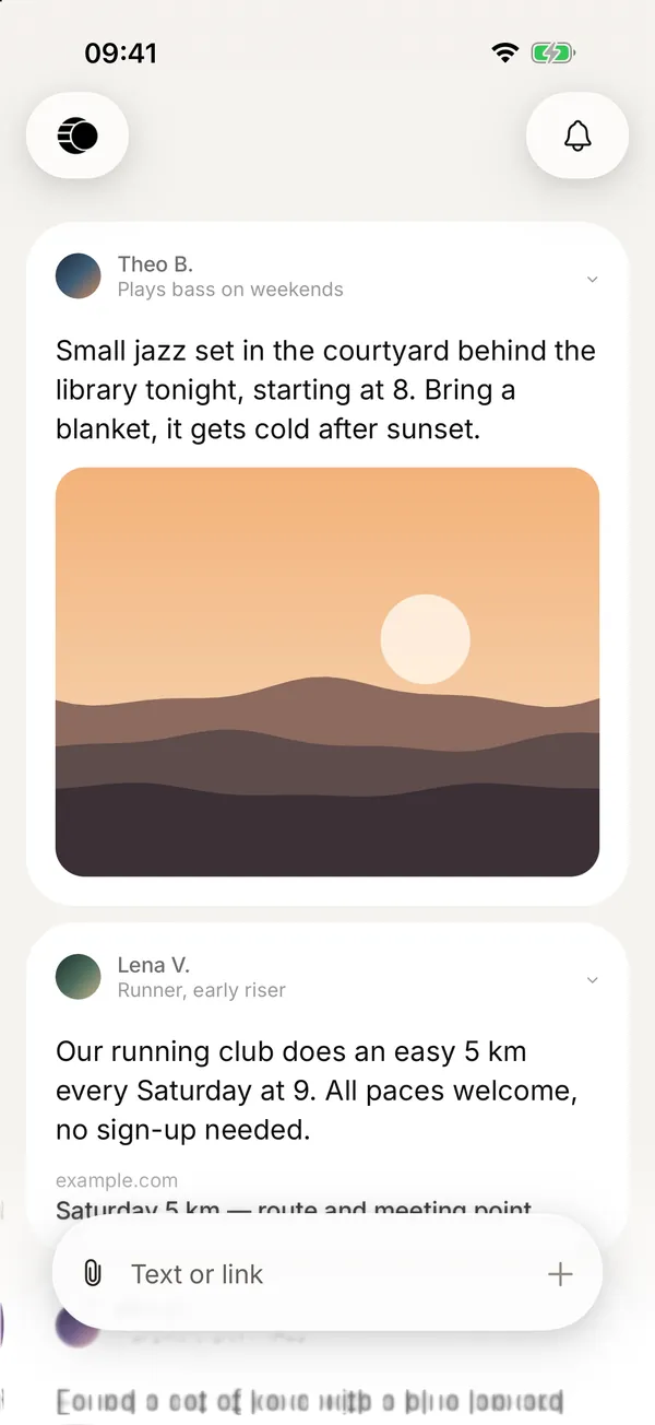 The feed with two posts: an evening jazz set with a drawn sunset picture, and a running club post with a link.