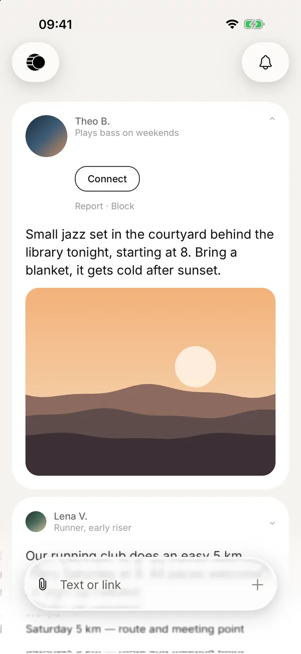 A post with its author opened: a Connect button and the Report and Block options above the text.