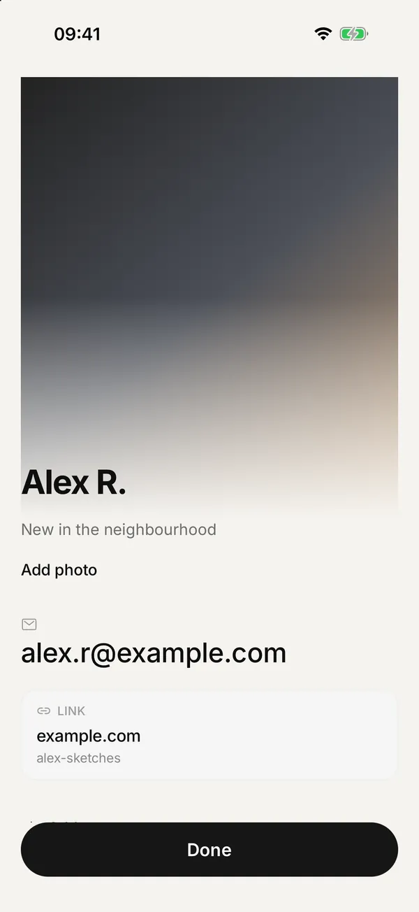 A profile named Alex R. with a short description, an email address and a link.